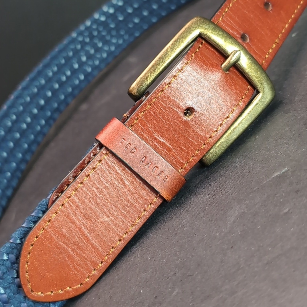 Ted Baker Men's Stretch Blue Woven/Leather Belt,S/M. - Picture 2 of 9